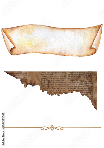Watercolor scroll banner and vintage torn newspaper scrap with text isolated on transparent background