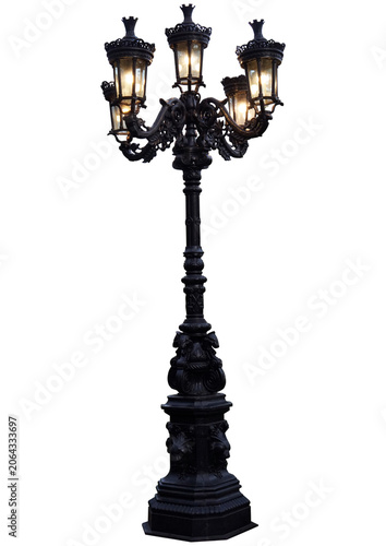 Ornate vintage street lamp with multiple lanterns isolated on transparent background