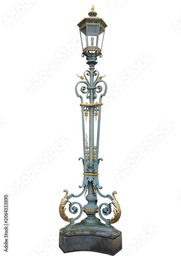 Ornate vintage street lamp with gold accents isolated on transparent background