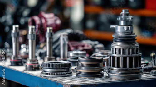 Automotive transmission parts showing engine components in workshop