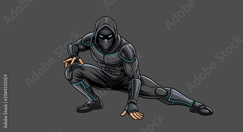 Stealthy black ninja mascot character in athletic crouching pose.