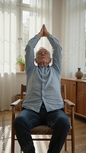 Elderly man practicing chair yoga for relaxation and mindfulness, performing arm stretching exercises for well being while seated in a modern sunlit living room at home