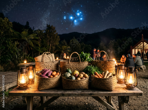 A night scene with a wooden table laden with woven baskets of fresh produce and lanterns, under a starry sky with a prominent star cluster, while people gather around a campfire in the background.