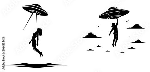 Slika na platnu Alien spaceship abducting woman silhouette with beam of light in minimalist styl