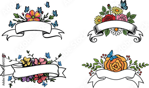 Vintage Floral Ribbon Banner Set with Colorful Flowers and Blue Butterflies