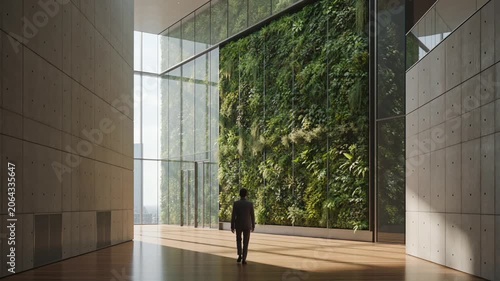 Businessman walking in sustainable corporate building with vertical garden, biophilic office design promoting green business, eco friendly workplace and wellbeing in the city