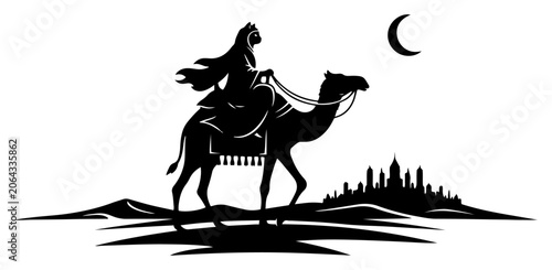 Fotografía Camel rider in desert landscape with city silhouette and crescent moon graphic