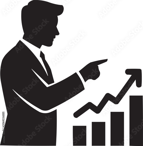 Businessman Presenting Financial Growth Chart Silhouette Icon Design, Business Growth Analytics Presentation Silhouette Vector Illustration