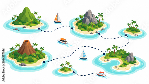 Summer Holiday Abstract island hopping map with boats, dotted route Flat Vector Illustration on White Background