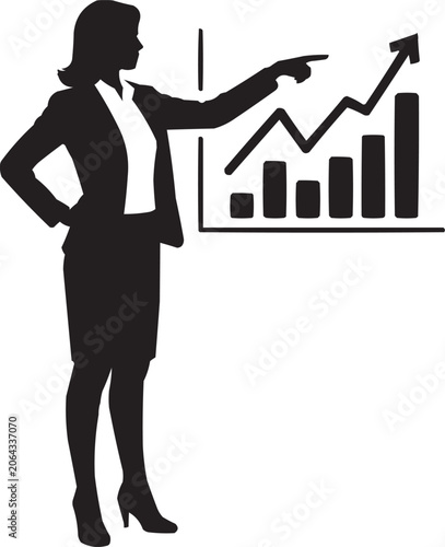 Businesswoman Presenting Financial Growth Chart Silhouette Vector Illustration, Female Business Presenter Showing Analytics Growth Graph