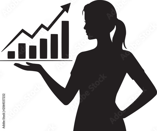 Businesswoman Presenting Financial Growth Chart Silhouette Vector Illustration, Female Business Presenter Showing Analytics Growth Graph