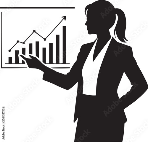 Businesswoman Presenting Financial Growth Chart Silhouette Vector Illustration, Female Business Presenter Showing Analytics Growth Graph
