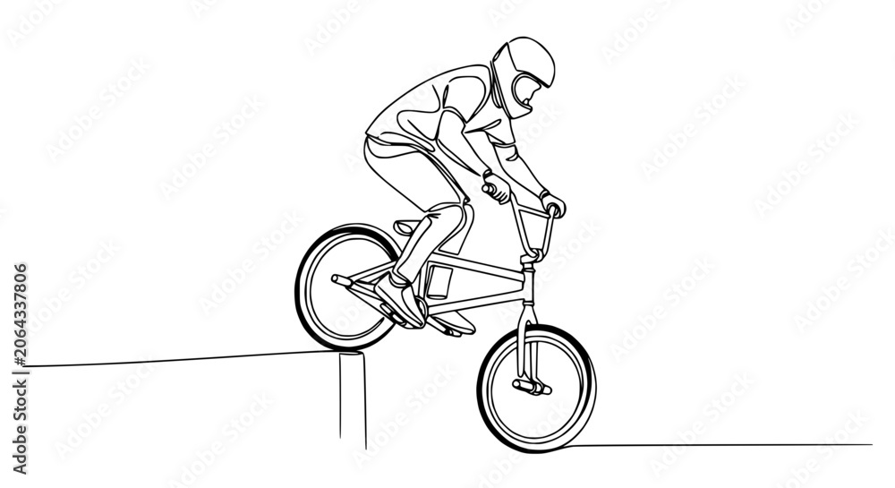 Naklejka premium BMX rider performing trick on edge of ramp, continuous line drawing