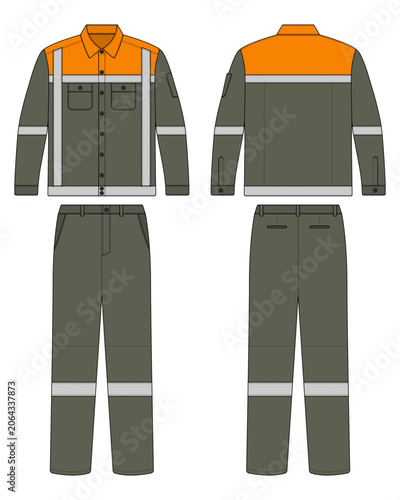 Vector Technical Sketch of Industrial Safety Workwear Uniform: Long Sleeve Shirt and Pants with Reflective Tape