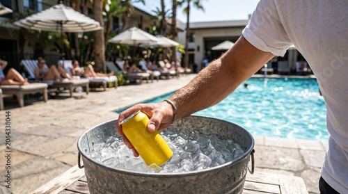 Man hand reaching for cold beverage can from metal bucket with ice cubes by swimming pool.