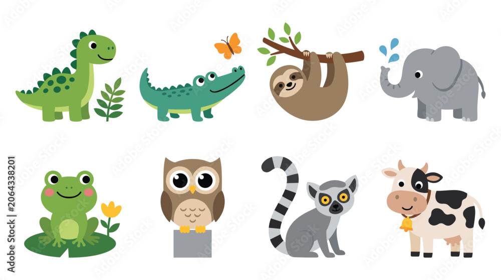 Obraz premium Cute cartoon wild animals and zoo characters set icons.