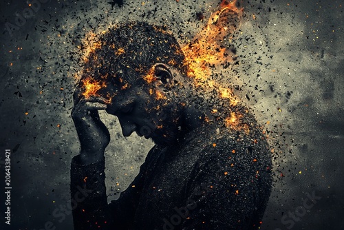 This striking image shows a man in a moment of anguish, with his figure dissolving into fiery shards, representing emotional turmoil and the struggle against internal and external chaos.