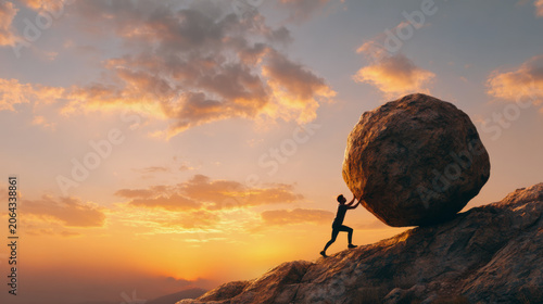Man pushing boulder uphill at sunset, concept of Sisyphus