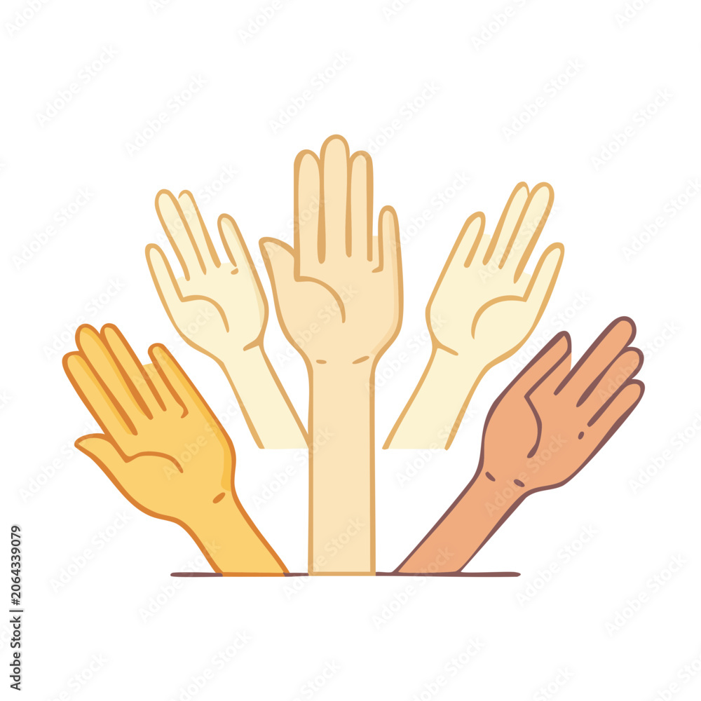 Fototapeta premium Flat design illustration of raised hands in different skin tones