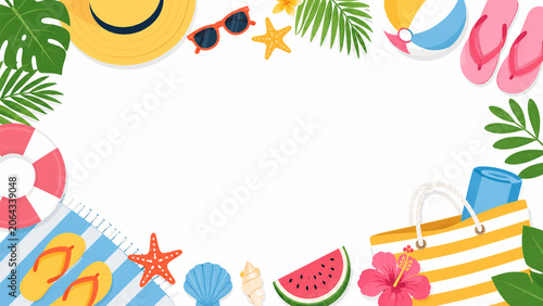 Summer Holiday Wide composition of vacation objects around empty center Flat Vector Illustration on White Background