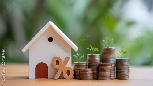 Small house percentage symbol stacked coins growing plants