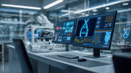 Science research laboratory with advanced dna genetic technology