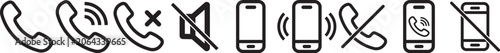 phone call and mobile communication line icons set, telephone incoming outgoing missed call voice mail mute silent ring smartphone message chat and contact vector outline icon. Phone icons collection.