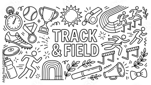 Fényképezés Track and field doodle set with various elements.