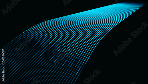 Obraz na plátně Abstract futuristic background featuring glowing blue neon lines moving in perspective, symbolizing high speed fiber optic data transfer, digital network communication, and AI technology