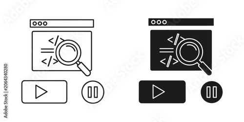 Tableau sur toile Code snippet in browser window with magnifying glass and play pause buttons on w