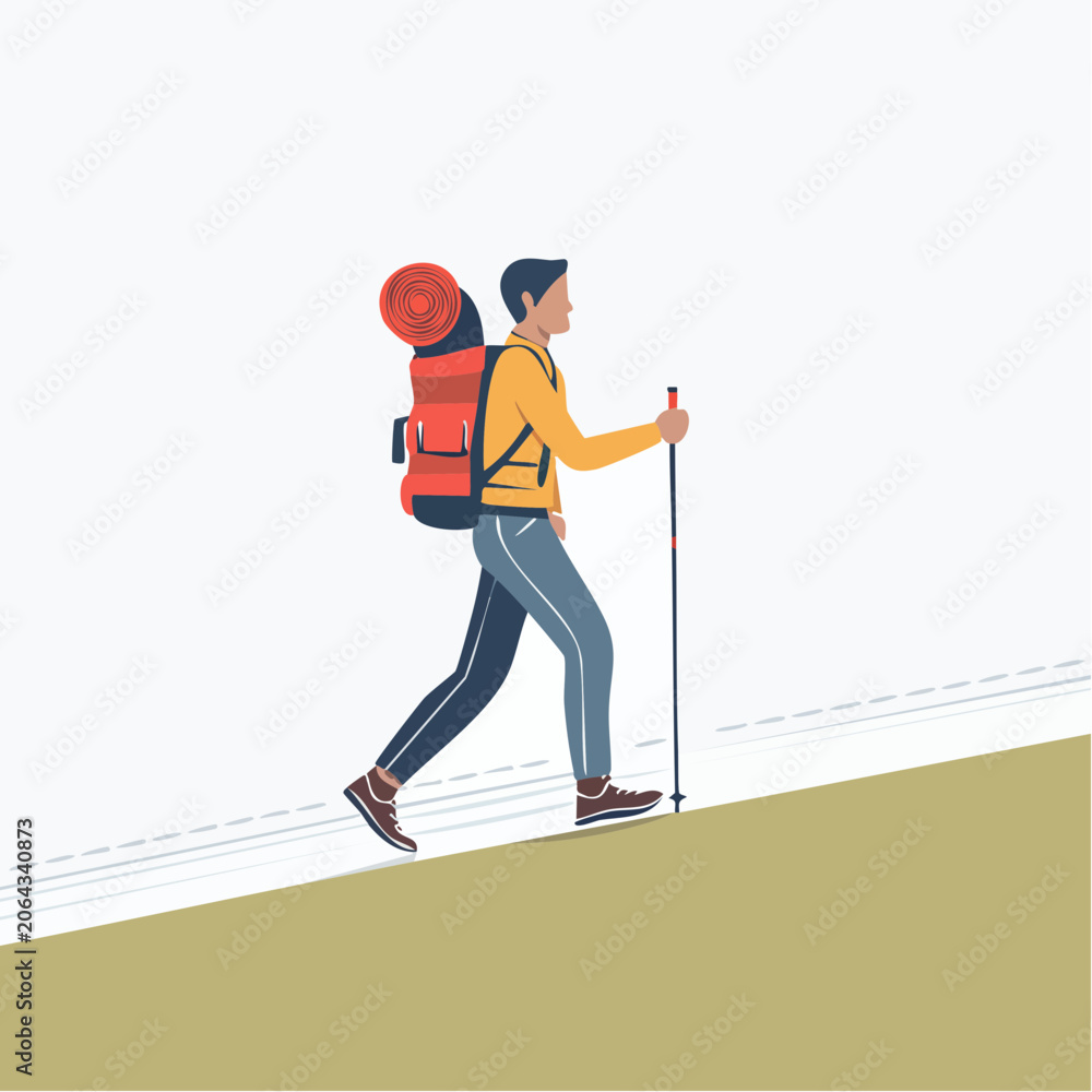 Obraz premium Man with Backpack and Hiking Poles Ascending a Hill