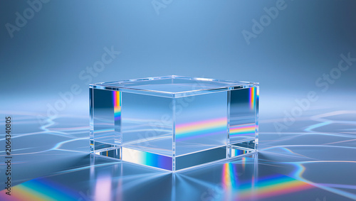 Clear Glass Cube on Reflective Surface with Rainbow Light Refraction