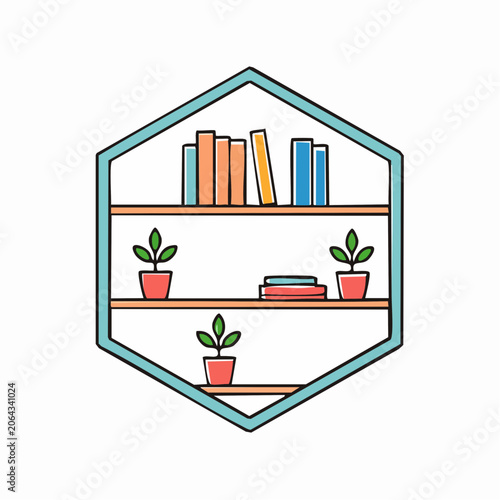 Hexagonal Bookshelf with Potted Plants and Books