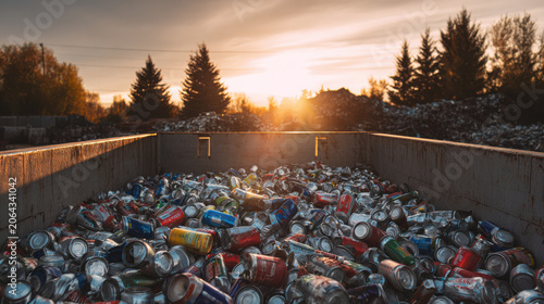 Industrial bin full of aluminum cans at sunset
