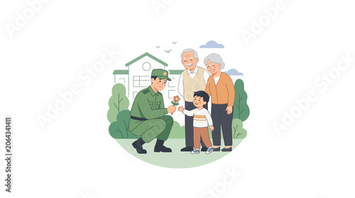 Soldier Giving Flower to Child with Elderly Couple in Garden