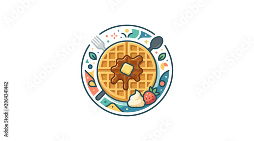 Top view of delicious waffle with syrup and butter on decorative plate