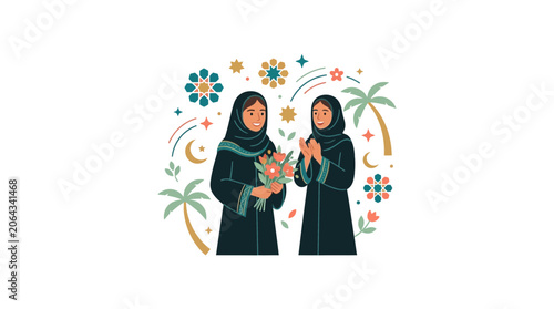 Two Muslim Women in Hijab Exchanging Flowers and Celebrating