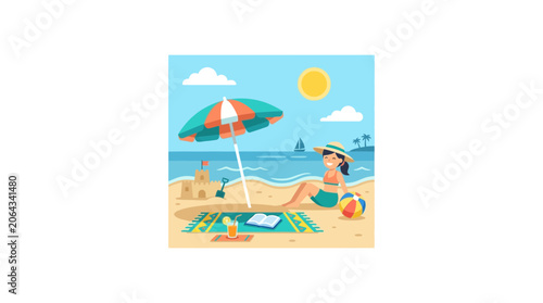 Woman Relaxing on Sandy Beach Under Umbrella, Summer Vacation Holiday