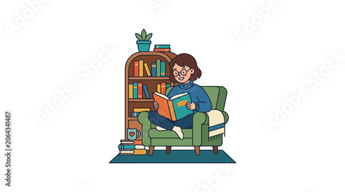 Woman Reading Book in Cozy Armchair Next to Bookshelf