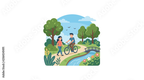 Couple enjoying a park walk and bike ride by a stream, summer nature scene
