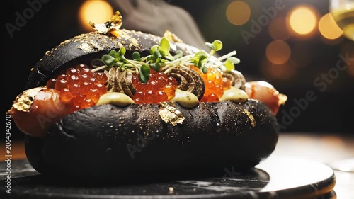 Gourmet burger with caviar and microgreens on plate