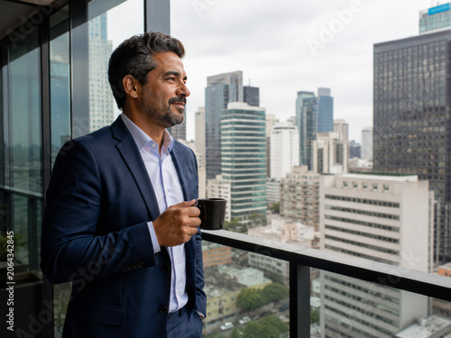 Businessman holding coffee mug on city balcony contemplating future