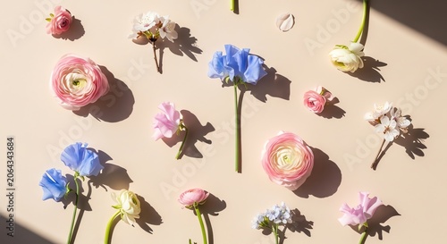 Spring Flowers Flat Lay with Shadows
