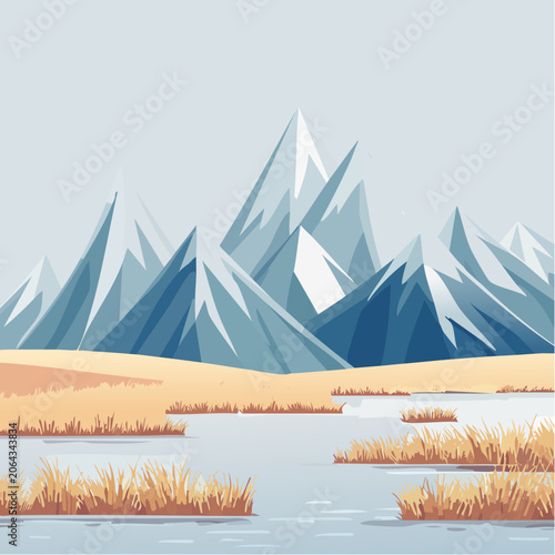 Stylized geometric mountain range with majestic snow-capped peaks overlooking a serene winter wetland featuring golden dry grass