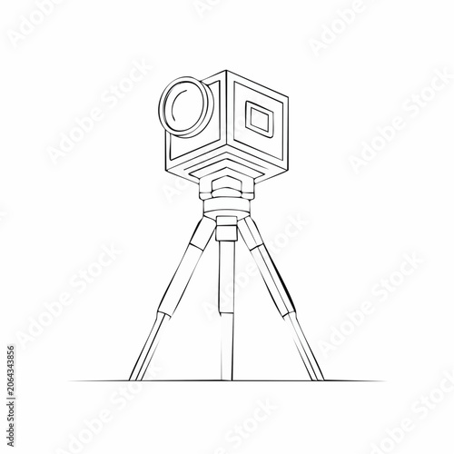 Hand-drawn illustration of a vintage camera on a tripod, sketch of an old-fashioned camera equipment