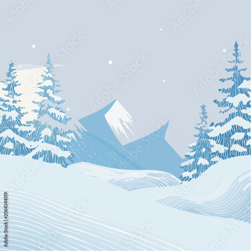 Peaceful winter landscape illustration featuring snow-capped mountains, serene fir trees, and gentle falling snowflakes