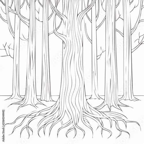 Serene woodland illustration with majestic tree trunks and an intricate root network, perfect for coloring
