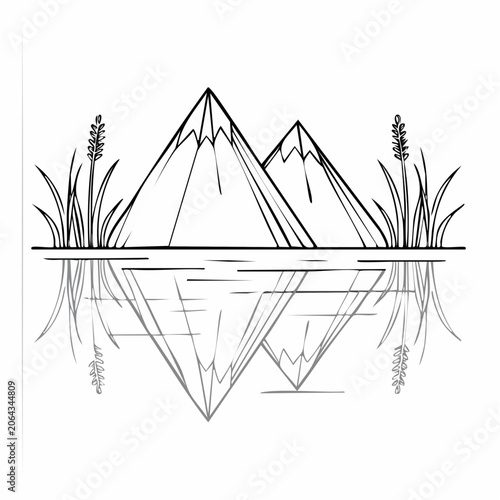Minimalist geometric line art of serene mountain peaks with clear reflections in tranquil water, framed by natural reeds
