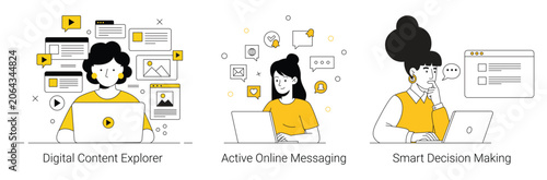 Women working in digital workspace vector bundle for online messaging content creation and smart decision making