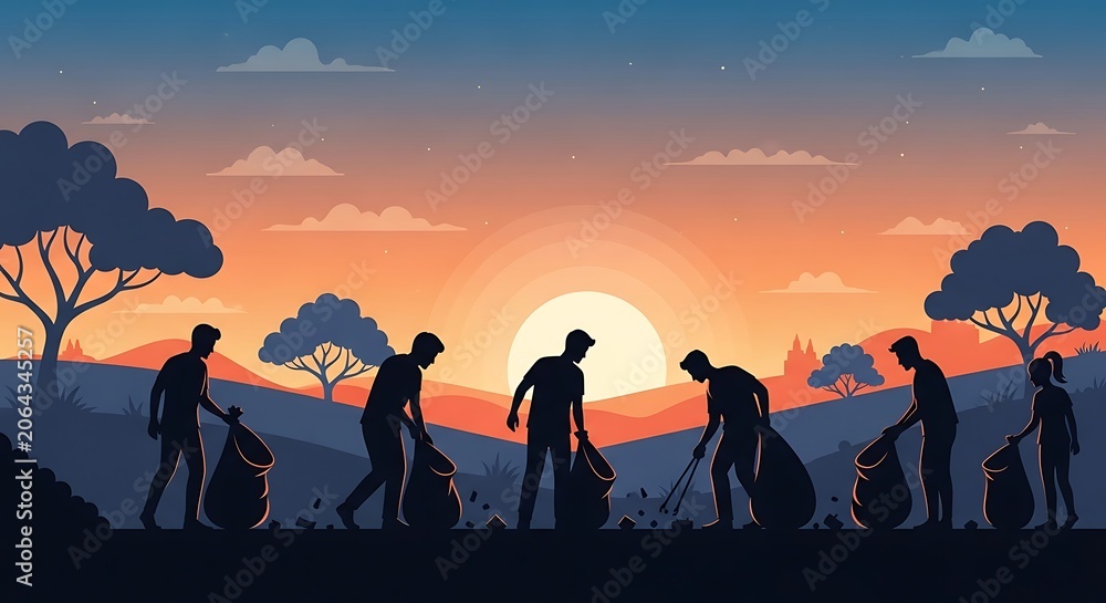 Fototapeta premium People collecting garbage bags in nature at sunset